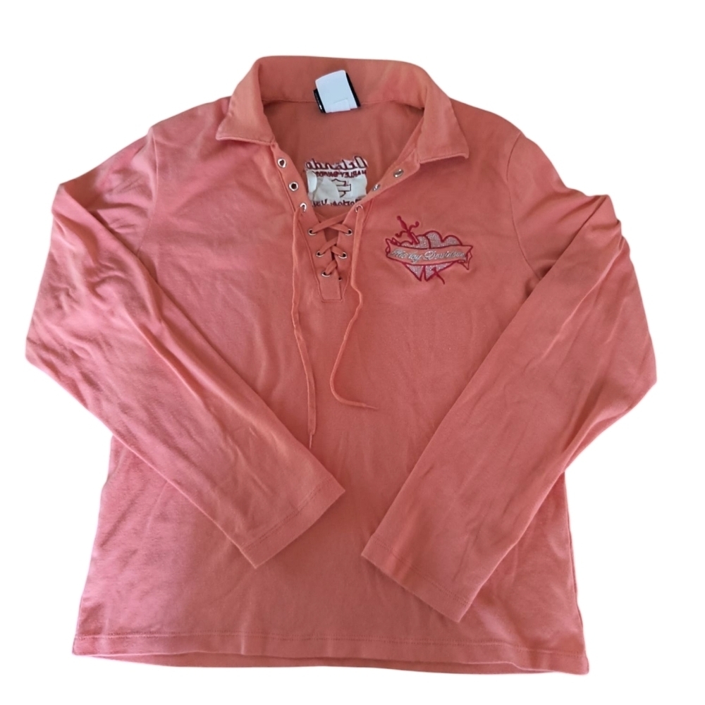 Harley Davidson Coral Lace-Up Long Sleeve V-neck Tee Size L